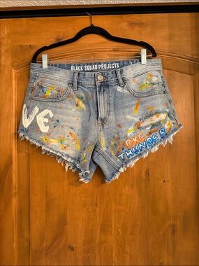 Women's Light Blue Paint-Splatter Denim Shorts